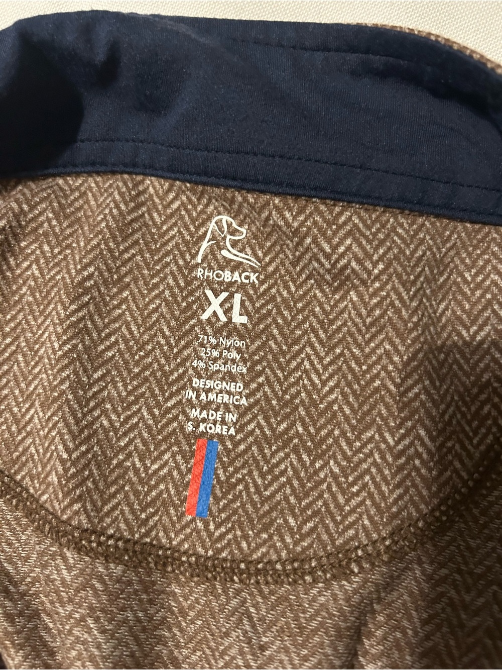 Men’s Rhoback Brown Herringbone Quarter-Zip Pullover with Navy Collar - Picture 5 of 5